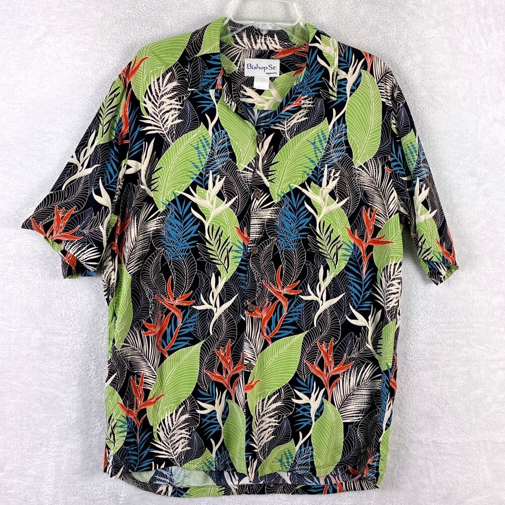VTG Bishop St. Apparel Hawaiian Shirt Mens M Multicolor Palm AOP Rayon USA 80s